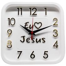 Relógio de Parede Branco com Dourado Sigma Quadrado Eu Amo Jesus 24 cm Silencioso Decoração Sala Cozinha Escritório