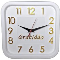 Relógio de Parede Branco com Dourado Sigma Quadrado Gratidão 24 cm Silencioso Decoração Sala Cozinha Escritório