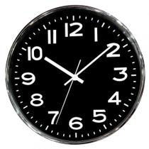 Relogio de parede de plastico cromado e preto 25cm x 4cm