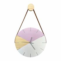 Relógio de Parede em Madeira Geométrico Branco e Lilás Com Alça Caramelo + Pendurador