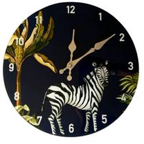 Relógio de Parede em Vidro Fundo Preto 29cm Animal Zebra