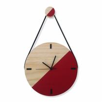 Relógio De Parede Escandinavo Em Madeira Vermelho Com Alça