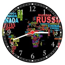 Relógio De Parede Mapa Mundo Países Letras Decorar