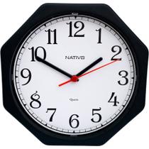 Relógio de Parede Nativo Octagonal Preto 23cm Moderno Sala Quarto Escritório Cozinha