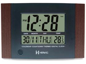 Relógio de Parede ou Mesa Digital LCD Calendário Termômetro Madeira Escura Herweg 6438