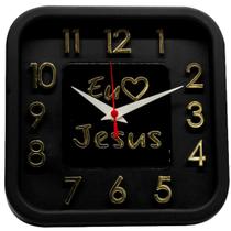 Relógio de Parede Preto com Dourado Sigma Quadrado Eu Amo Jesus 24 cm Silencioso Decoração Sala Cozinha Escritório