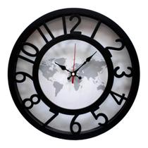Relógio De Parede Preto Mapa-múndi 30x30cm Numeração Arábica
