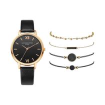 Relógio De Pulso Analógico De Luxo Preto Com Pulseira De Couro Para Mulheres, Conjunto De 5 Peças,