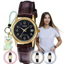 Relógio de Pulso Casio Collection Feminino Classico Analógico Pequeno Pulseira Couro Casual Dourado LTP-V002GL-1BUDF + Chaveiro