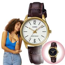 Relógio de Pulso Casio Collection Feminino Redondo Pequeno Analógico Casual Pulseira de Couro Dourado LTP-V005GL