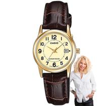 Relógio de Pulso Casio Feminino Analógico Dourado Redondo Pequeno Original Pulseira Couro Marrom LTP-V002GL-9BUDF