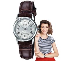 Relógio de Pulso Casio Feminino Analógico Prata Pulseira Couro Marrom Redondo Casual Pequeno LTP-V002L-7B2UDF