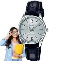Relógio de Pulso Casio Feminino Analógico Prata Pulseira Couro Redondo Pequeno Leve Casual Original LTP-V005L-7BUDF