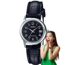 Relógio de Pulso Casio Feminino Classico Pulseira de Couro Analógico Casual Pequeno Prata LTP-V002L-1BUDF