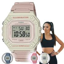 Relógio de Pulso Casio Feminino Digital Esportivo Quadrado Illuminator Azul Rosa Nude Branco Prova Dágua 50 Metros W-218HC
