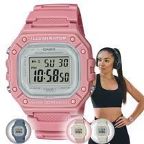 Relógio de Pulso Casio Feminino Digital Esportivo Quadrado Illuminator Azul Rosa Nude Branco Prova Dágua 50 Metros W-218HC