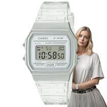 Relógio de Pulso Casio Feminino Digital Prata Transparente Moderno Original Leve F-91WS-7DF