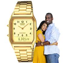 Relógio de Pulso Casio Feminino Masculino Analógico Digital Vintage Hora Dupla Quadrado Moderno Elegante Casual Dourado AQ-230GA-9BMQ