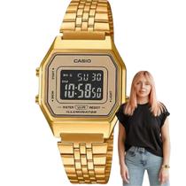 Relógio de Pulso Casio Feminino Masculino Vintage Digital Pequeno Quadrado Resistente Água Elegante Leve Casual Dourado LA680WGA-9BDF