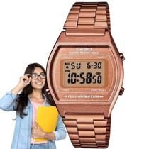 Relógio de Pulso Casio Feminino Vintage Quadrado Digital Prova Dágua 5 ATM Illuminator Pulseira Aço Inóx Casual Rose Gold B640WC-5ADF