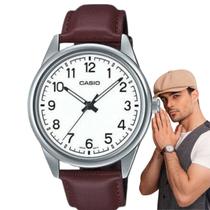 Relógio de Pulso Casio Masculino Analógico Pulseira de Couro Marrom Resistente Àgua Estilosos Quartz Casual Redondo MTP-V005L-7B4UDF