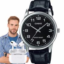 Relógio de Pulso Casio Masculino Clássico Pulseira de Couro Analógico Prata MTP-V001L-1BUDF + Fone Bluetooth