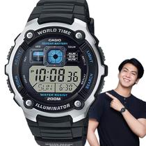 Relógio de Pulso Casio Masculino Digital Hora Mundial Illuminator 5 Alarmes Temporizador Prova Dágua 20 ATM Esportivo Preto AE-2000W-1AVDF