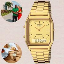 Relógio de Pulso Casio Masculino Feminino Quadrado Retro Vintage Analógico Digital Fashion Alarme Calendário Quartz Casual Dourado AQ-230GA-9DMQ