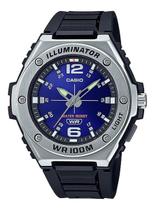 Relógio de Pulso Casio Masculino Standard Prata Moderno Pulseira Resina Preta Redondo 100 Metros Original Fundo Azul MWA-100H-2AVDF