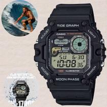 Relógio de Pulso Casio Masculino Tábua de Marés Dual Time Hora Mundial Prova D'agua 100 Metros Digital Esportivo Surfista Preto WS-1700H-1AV