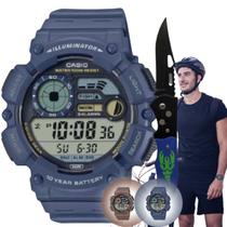 Relógio de Pulso Casio Masculino Tabua de Mares Fase da Lua Prova Dagua 100 Metros Esportivo Preto Azul Marrom Digital WS-1500H + Canivete
