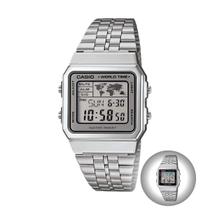 Relógio de Pulso Casio Retro Vintage Unissex Digital World Time 5 Alarmes Pulseira Aço Inóx Prata A500WA