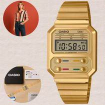 Relógio de Pulso Casio Unissex Feminino Masculino Digital Vintage Quadrado Moderno Casual Dourado A100WEG-9ADF