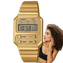 Relógio de Pulso Casio Unissex Feminino Masculino Digital Vintage Quadrado Moderno Casual Dourado A100WEG-9ADF