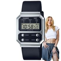 Relógio de Pulso Casio Vintage Feminino Masculino Unissex Digital Cromado Alarme Pulseira de Couro Preto A100WEL-1ADF