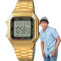 Relógio de Pulso Casio Vintage Masculino Hora Dupla Resistente água Estiloso Alarme Multifuncional Illuminator Digital Dourado A178WGA-1ADF