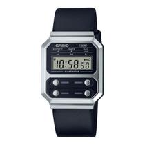 Relógio de Pulso Casio Vintage Unissex Digital Cromado Original Alarme Pulseira de Couro Preto A100WEL-1ADF
