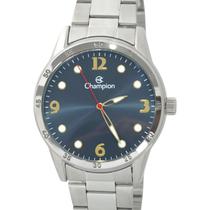 Relogio De Pulso Champion Masculino Prata Fundo Azul Numeros Dourado Pulseira Aço inoxidável movimento Quartzo