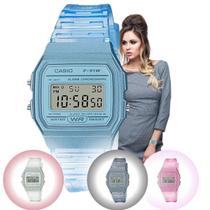 Relógio de Pulso Feminino Casio Vintage Digital Esportivo Leve Transparente Azul Rosa Cinza Leve Moderno Original F-91WS