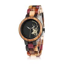 Relógio de pulso feminino de madeira colorido Bird Relógio de pulso feminino casual de quartzo com padrão exclusivo de c - BOBO BIRD