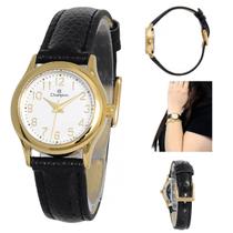 Relógio De Pulso Feminino Dourado Original Pulseira Couro