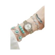 Relógio De Pulso Feminino Fashionável Com Mostrador Redondo E Pulseira De Liga, Conjunto De 5 Peças Relógio De Pulso Feminino Fashionável Com Mostrador Redondo E Pulseira De Liga, Conjunto De 5 Peças