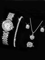 Relógio de Pulso Feminino + pulseira + brinco + anel + colar Relógio de Pulso Feminino + pulseira + brinco + anel + colar