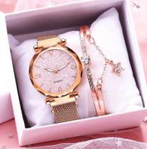 Relógio de Pulso Feminino Rosa Acompanha Pulseira Bronze Cor Quartzo Clássico - Yola