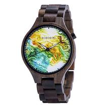 Relógio de pulso masculino Bird com mostrador de madeira e pulseira ajustável de madeira com ponteiros luminosos para o