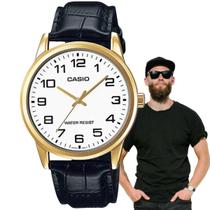 Relógio de Pulso Masculino Casio Casual Quartz Analógico Redondo Pulseira de Couro Dourado MTP-V001GL-7BUDF