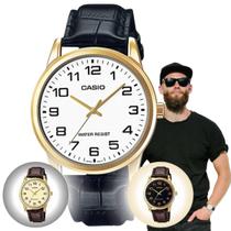 Relógio de Pulso Masculino Casio Casual Quartz Analógico Redondo Pulseira de Couro Dourado MTP-V001GL