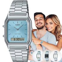 Relógio de Pulso Masculino Feminino Casio Vintage Unissex Anadigi Analógico Digital Quadrado Resistente Água Casual Prata AQ-230