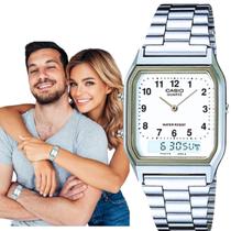 Relógio de Pulso Masculino Feminino Unissex Casio Analógico Digital Vintage Quadrado Retro Casual Moderno Prata AQ-230A-7BMQ