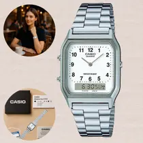 Relógio de Pulso Masculino Feminino Unissex Casio Analógico Digital Vintage Quadrado Retro Casual Moderno Prata AQ-230A-7BMQ